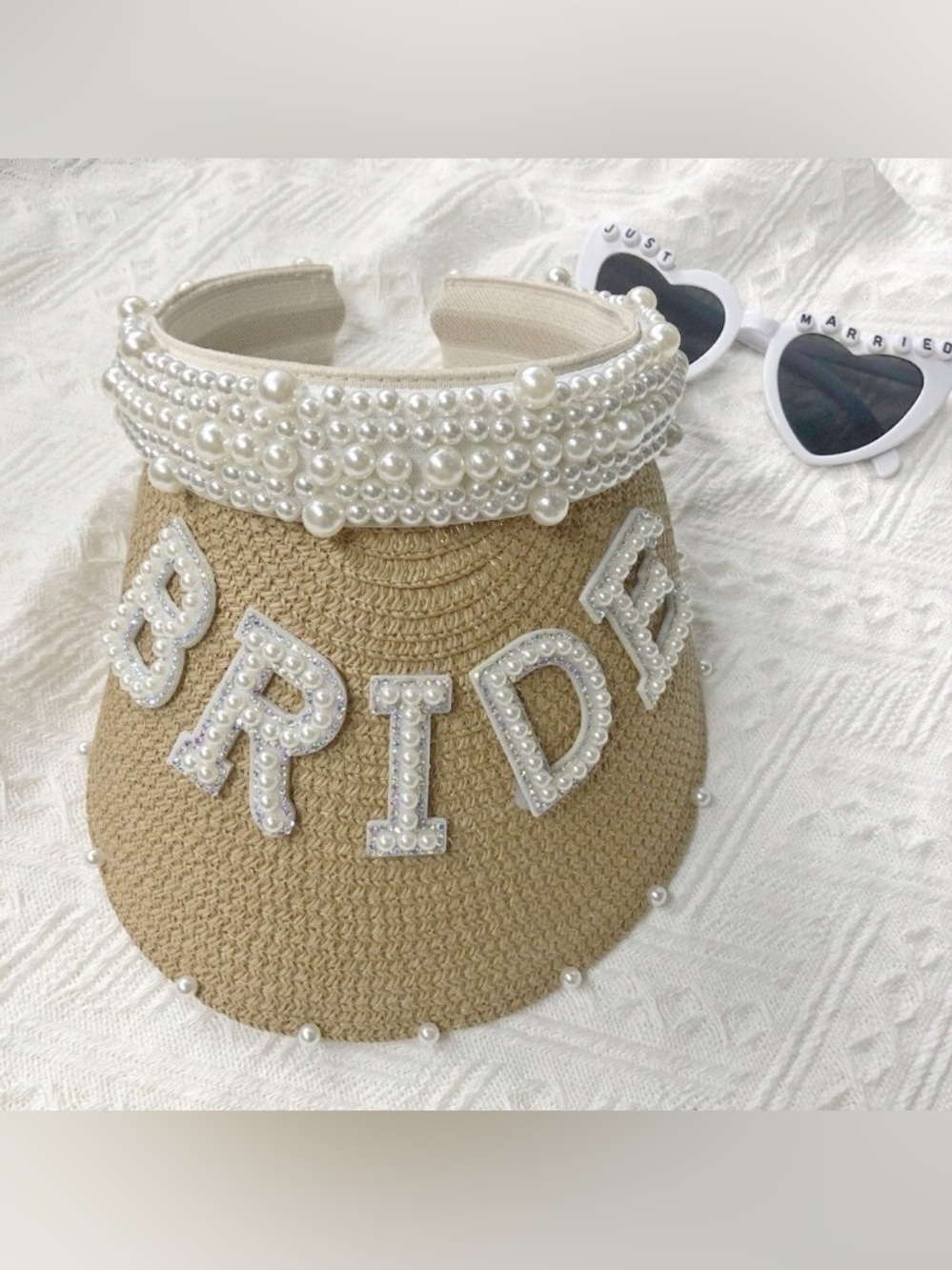 NWT “Bride” Pearl-Embellished Straw Visor